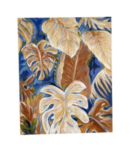 Tapiz con hojas tropicales en tonos marrón, beige y azul, ideal para decorar espacios modernos y elegantes con estilo natural y vibrante.