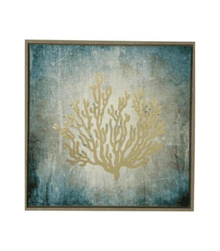 Ramo de coral decorativo en tonos dorados y azules con fondo texturizado.