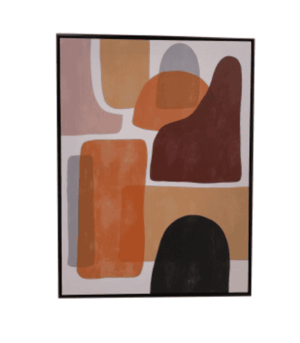 Mueble decorativo de estilo abstracto con formas orgánicas en tonos terracota, beige, gris y negro.