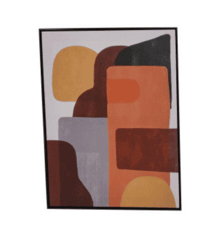 Lona decorativa moderna con formas abstractas en tonos terracota, marfil, negro y gris. Ideal para decorar espacios de hogares u oficinas con estilo contemporáneo.