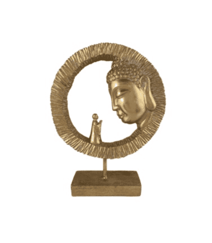 Buda dorado decorativo en forma de círculo con figura en el centro, ideal para interiores elegantes y ambientes zen.