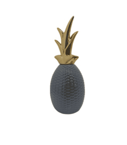 Pino de decoración en forma de piña, con cuerpo negro texturizado y mimosa dorada en la parte superior. Perfecto para complementar espacios de estilo moderno y elegante.