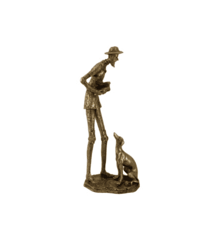 Contenedor de imagen: mujer con sombrero y perro en estatua de bronce.