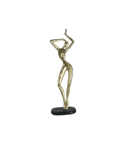 Forma de mujer elegante con brazos en la cabeza hecha de metal sobre base negra, decoración moderna y artística para zona muebles o espacios decorativos.