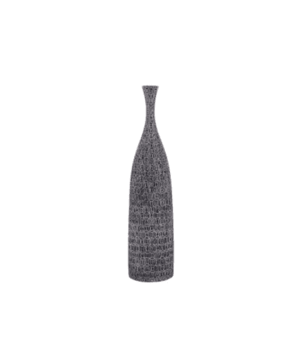 Vaso decorativo negro con patrón de círculos y forma alargada y estilizada, ideal para decorar espacios elegantes y modernos.