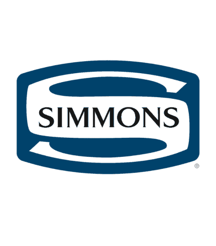 Simmons logo en tonos azules y blancos con el nombre en letras negras prominentes.