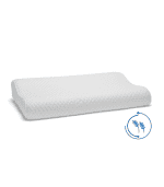 Alto texto: Almohada ergonómica de espuma viscoelástica para un descanso cómodo y saludable, ideal para dormitorios y áreas de descanso.