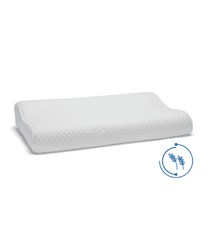 Alto texto: Almohada ergonómica de espuma viscoelástica para un descanso cómodo y saludable, ideal para dormitorios y áreas de descanso.