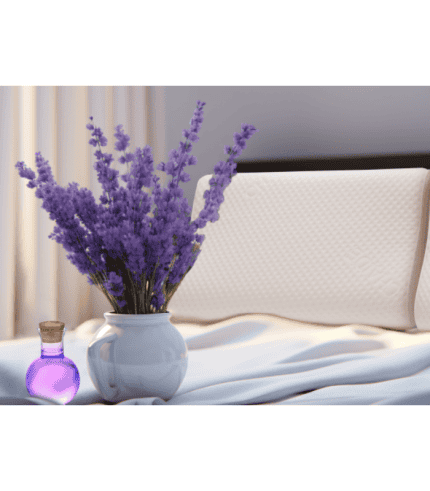 Lavanda en jarrón blanco sobre cama con almohada ortopédica, cerca de una pequeña botella de perfume. Decoración elegante y relajante para dormitorios, con muebles y sillones de estilo moderno.
