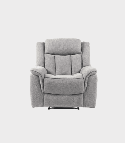 Sillón reclinable gris en estilo moderno con cojines acolchados, perfectos para salas de estar y espacios de descanso, combina comodidad y diseño elegante.