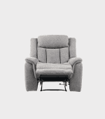 Sillón reclinable de tela gris, ideal para sala o habitación, con estructura ergonómica y cómodo asiento. Combina mobiliario y decoración para un ambiente moderno y acogedor.