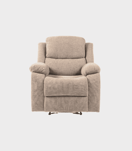 Sillón reclinable de tela beige con cómodo diseño y cojines acolchados, ideal para sala de estar o oficina.