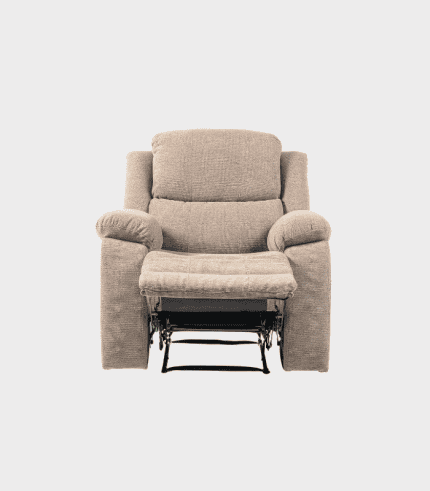 2. Sofá inclinable de tela beige con reposabrazos acolchados y respaldo cómodo, ideal para salas de descanso y decoración moderna.