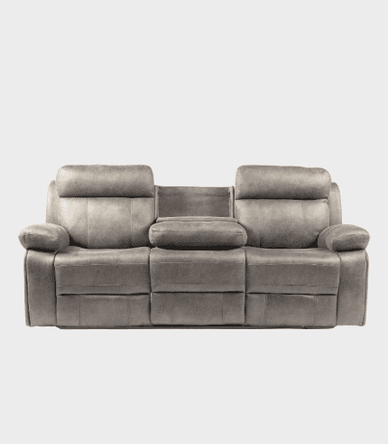 Sofá grande de color gris con cojines ergonómicos y respaldo reclinable, ideal para salas de estar modernas y cómodas.