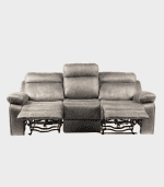 Sofá de terciopelo gris con asientos reclinables y respaldo alto, ideal para salas modernas y confortables.