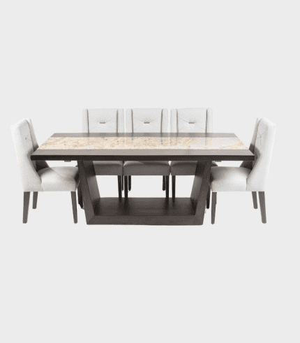 Mesa de comedor moderna con sillas tapizadas en tonos neutros y estructura de madera oscura, perfecta para decorar y organizar espacios elegantes y funcionales.