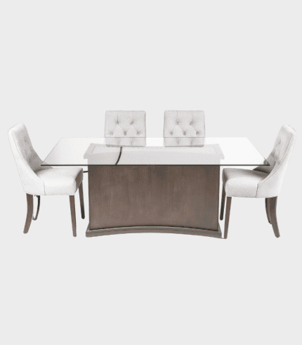 Cristalería de mesa con sillones y sillas tapizadas en color beige, mesa de comedor moderna, perfecta para áreas de comedor y decoración en hogares y oficinas. Zona Muebles.