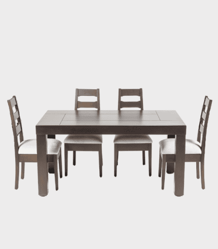 Muebles de comedor con mesa y sillas de madera en tonos grises, ideales para decorar y aprovechar espacios en el hogar.