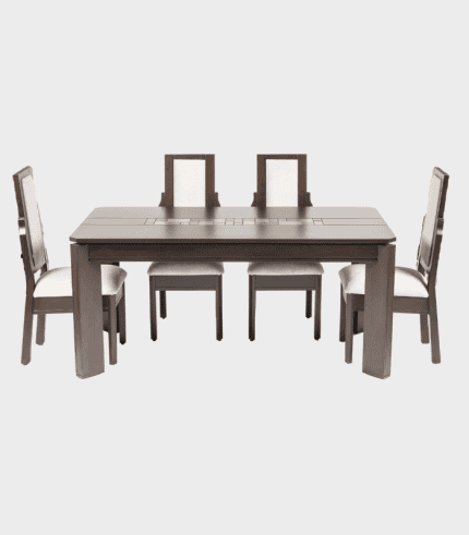 Muebles de comedor de madera en tonos grisáceos con seis sillas tapizadas en beige, ideal para espacios elegantes y funcionales.
