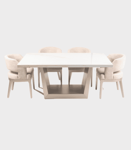 Elegante conjunto de mesa de comedor con sillas acolchadas, perfecto para decorar y amueblar tu hogar con estilo y confort. Diseño moderno en tonos neutros para cualquier espacio.