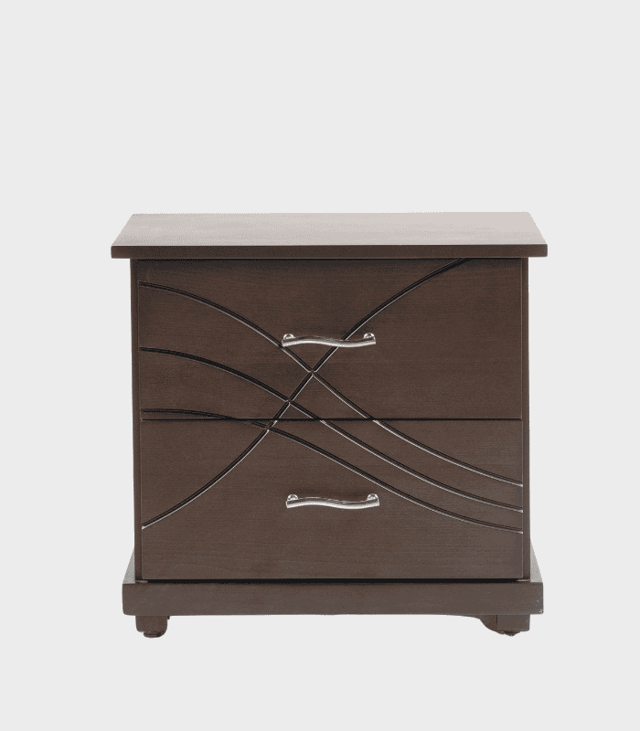 Mueble de color marrón oscuro con diseño modernista y líneas curvas en la superficie y las gavetas. Se puede usar como escritorio o en decoración interior.