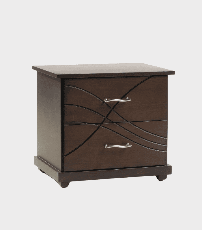 Mueble de madera oscuro con diseño de líneas curvas y dos cajones con manijas metálicas, ideal para decorar y organizar espacios.