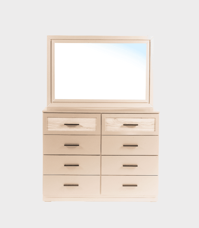 Modero mueble de madera clara con espejo y múltiples cajones, ideal para decorar dormitorios y espacios de estudio.