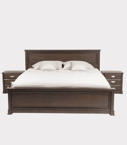 Conjunto de dormitorio con cabecera, mesitas de noche y mobiliario de madera en tono marrón, ideal para decorar y descansar en un ambiente elegante y funcional.