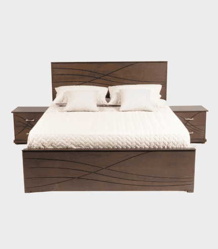 Muebles de madera con cabecera y mesitas de noche modernas en color nogal, ideales para salón o dormitorio. Diseño elegante y funcional para decorar con estilo.