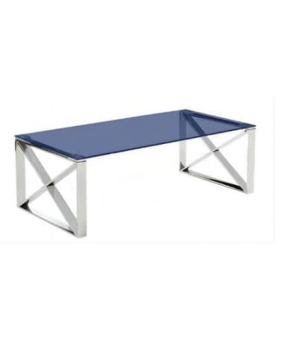 Mesa de cristal azul con estructura metálica moderna para espacios de oficina y sala de estar.