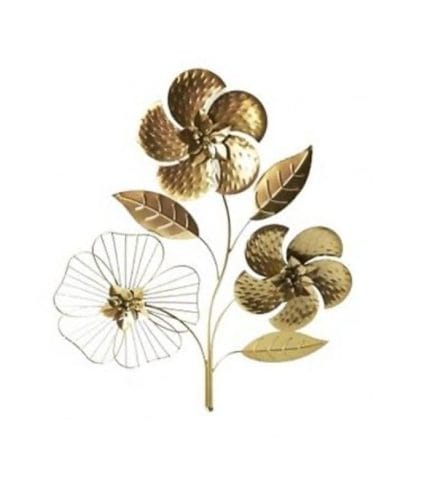 Metal florero decorativo dorado para sala o oficina, moderno y elegante. Diseño floral con hojas y flores en acabado metálico, ideal para complementar la decoración de interiores.