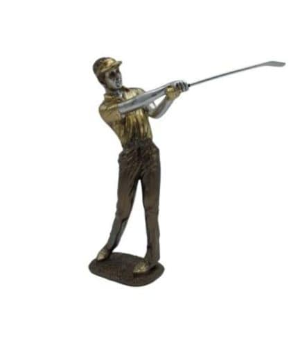 Jarrón decorativo con figura de hombre tocando golf, en tonos dorados y plateados. Perfecto para complementar la decoración de salas y oficinas con estilo moderno y sofisticado.