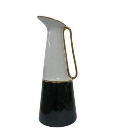 Jarrón decorativo con diseño moderno en blanco, negro y detalles dorados, ideal para complementar la decoración de tu hogar u oficina.
