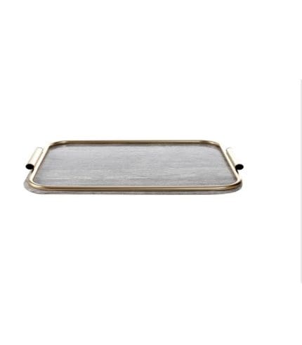 Bandeja de acero inoxidable con borde de metal para servir bebidas o alimentos, ideal para decoración y uso en hogares y oficinas.
