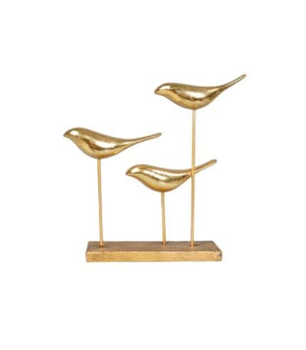 Elegantes adorno de aves doradas sobre base de madera, ideal para decorar espacios modernos y sofisticados. Complementa la decoración con un toque artístico y contemporáneo.