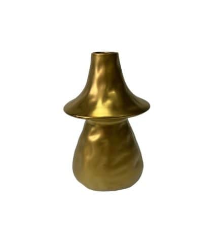 Jarrón dorado con diseño en forma de seta, ideal para decoración moderna y elegante en espacios interiores. Perfecto para colocar en mesas, estantes o como pieza central.