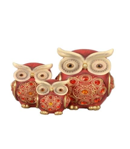 Ocas o manos de madera tallada en forma de búhos decorativos de color rojo con detalles dorados y ojos con cristal. Perfectos para decorar ambientes con estilo y originalidad.